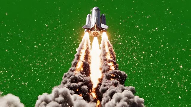 Space shuttle rocket launch into green sky with flames and smoke 4k Video