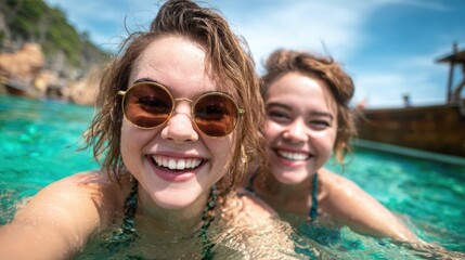 Obraz premium A lively underwater selfie of two smiling friends enjoying the bright blue waters, radiating joy and friendship in a fun summer atmosphere, perfect for conveying happiness.