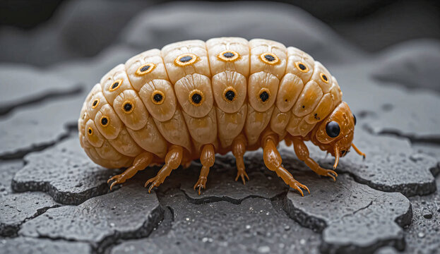 Close-up of a large pale grub or larva on a textured surface.