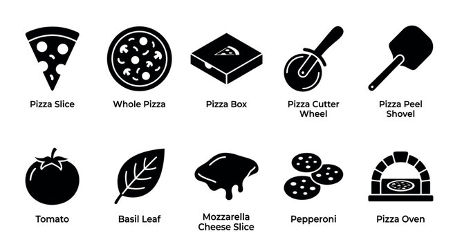 A collection of black and white vector icons depicting various pizza ingredients, tools, and finished products, perfect for culinary themes.