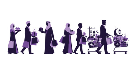 A family enjoys ramadan shopping carrying gifts and goods in a full shopping cart silhouette © njhasan