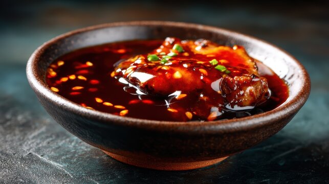 A vibrant bowl of spicy chicken drenched in a rich sauce, garnished with fresh herbs, exuding flavor and warmth, perfect for food lovers and culinary enthusiasts to enjoy.