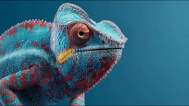 Veiled chameleon flicking its long sticky tongue to catch prey. Macro footage of colorful reptile hunting sequence. Wildlife biology and animal behavior study.