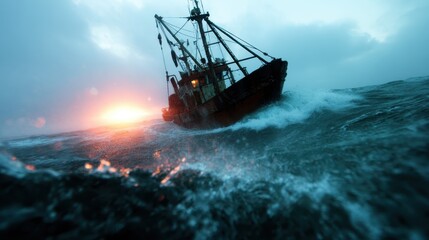 Obraz premium A fishing boat braves the stormy seas, capturing the struggle of man against nature as the sun sets dramatically in the background, creating a captivating moment.