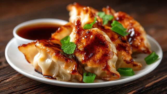 Steamed dumplings arranged artfully on a white plate, drizzled with rich soy sauce, offering a delightful glimpse into Asian cuisine and culinary experiences.