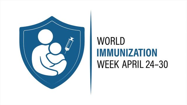 Minimal blue medical 4K animation presenting World Immunization Week with vaccine syringe, protective shield, and worldwide health awareness concept.