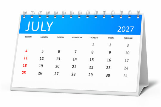 table calendar 2027 july isolated on transparent background