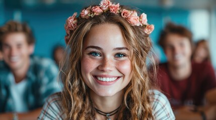 Fototapeta premium A cheerful girl adorned with a flower crown radiates joy and youthfulness, sitting among friends in a relaxed setting filled with vibrant colors and laughter.