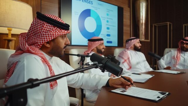 Emirati businessmen making a business conference in an elegant room. Four arab businessmen in traditional attire discussing financial charts during a podcast meeting