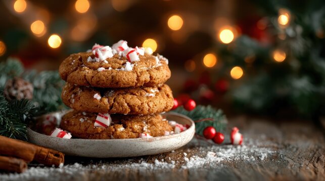 A mouthwatering display of gingerbread cookies, adorned with peppermint pieces, sits amid festive decorations, evoking the warmth and joy of the holiday season.