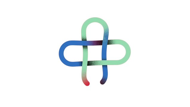modern, minimalist 3D-style illustration of four interlocking rounded rectangles forming a symmetrical knot with vibrant blue and green gradients on a white background.