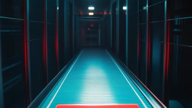 Server racks glow with red lights along a conveyor system carrying data units through a futuristic network infrastructure, symbolizing global connectivity and technology