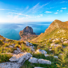 Obraz premium Remarkable morning view of cape Zafferano and national park Orientata Pizzo Cane.