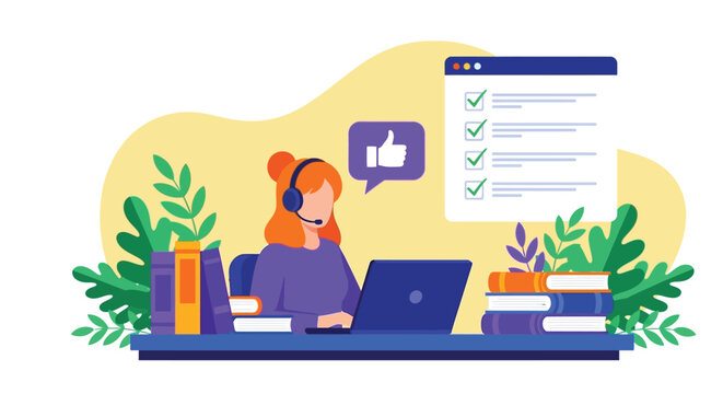 Vector illustration of a woman in a headset successfully completing tasks and achieving goals on her laptop.