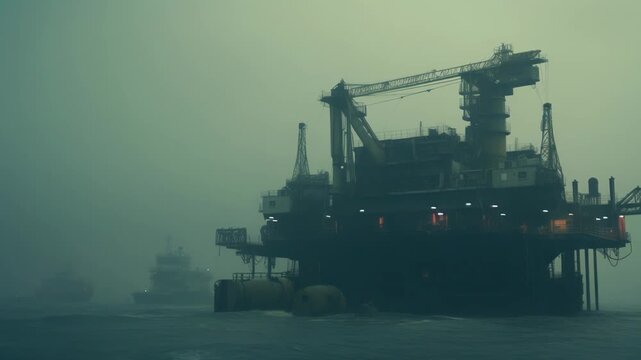 Offshore oil drilling platform looming in thick fog over a dark ocean, with support vessels navigating murky waters industrial energy production in harsh, moody weather conditions
