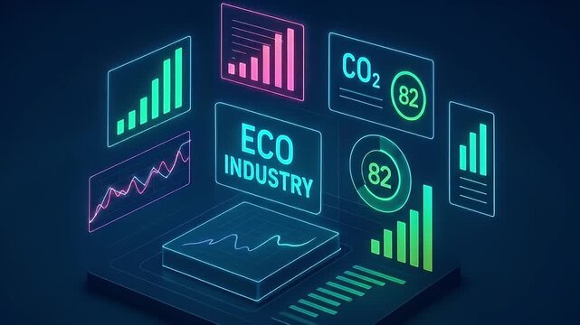 Eco industry digital charts and graphs displaying environmental data and CO2 levels in neon colors on dark background with futuristic technology visualization for advanced data analysis
