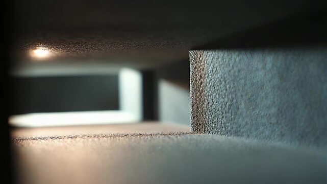 Abstract view of a minimalist concrete structure highlighting rough texture and geometric forms, with light and shadow defining spatial corridors and a pathway forward