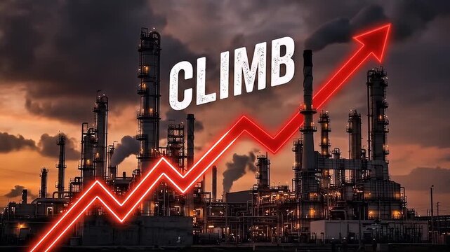 Climb concept with industrial refinery silhouette at sunset featuring red arrow graph rising symbolizing growth progress in factory energy and manufacturing sector development