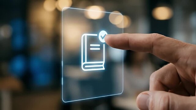 Digital book icon hand pointing touchscreen interface technology virtual screen futuristic display modern digital interface user interaction touch gesture fingerprint recognition biometric