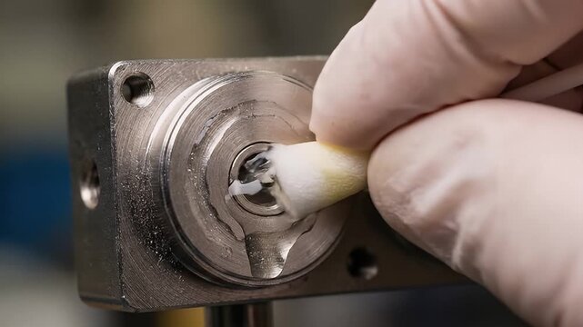 Cleaning metal part with cotton swab and gloved hand using precision tool for maintenance in workshop close up industrial equipment surface care detailed cleaning process