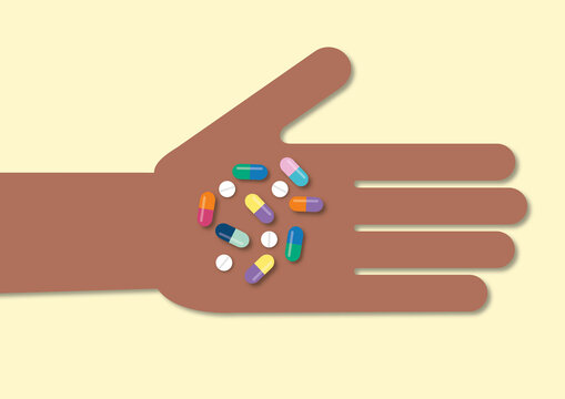 Person holding pills, conceptual illustration