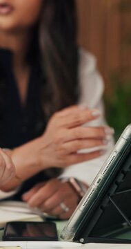 Meeting, hands and business women with tablet in office for project tasks, agenda or reminder. Employees, discussion or planning with technology for minutes, online schedule or report in workplace