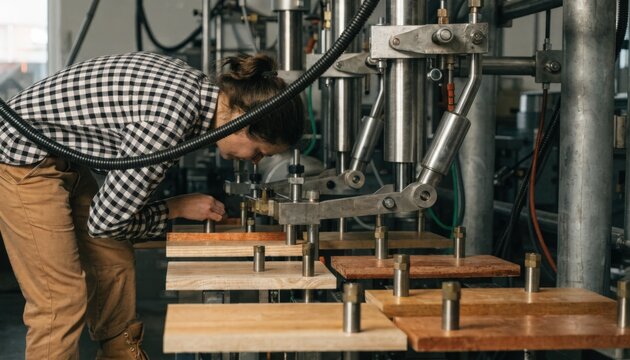 Technician in a quality control lab conducts flexural strength testing on wooden sample boards using a specialized rig to ensure durability and structural integrity.