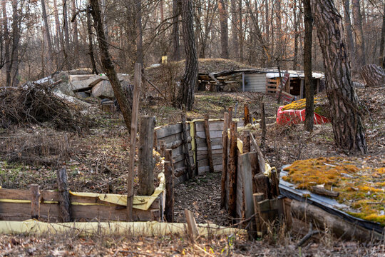 View of a camouflaged trench cutting through the forest floor, leading to a makeshift bunker in the woods, Kyiv, Kyiv City, Ukraine.