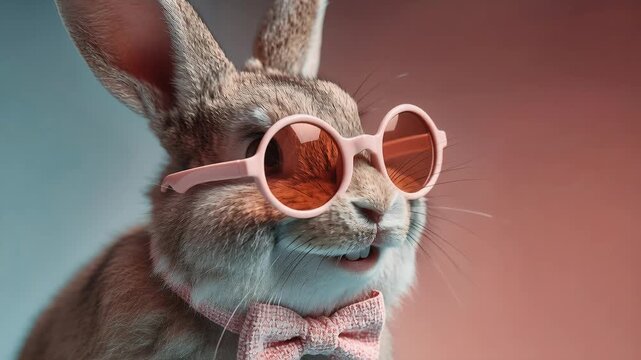 Rabbit wearing pink glasses and bowtie looking surprised. Cute bunny posing with eyewear and adjusting them for fun studio portrait. Animal fashion accessory.
