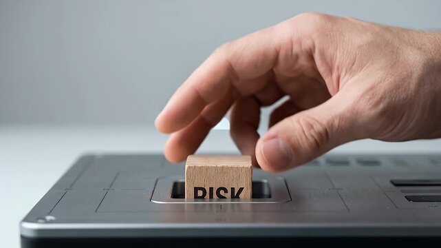 Hand placing wooden block with risk text laptop keyboard symbolizing business finance decision management and hand holding wooden block with risk word concept of danger uncertainty and health weight