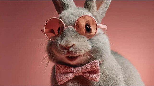 Cute rabbit with pink glasses and bowtie looking around. Funny animal portrait for spring holiday concept. Creative stylized bunny for cheerful celebration design.