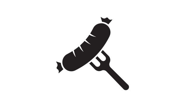 Sausage impaled on a fork icon with simple black graphic design and white background featuring symbol, food, meat with cooking and barbecue elements