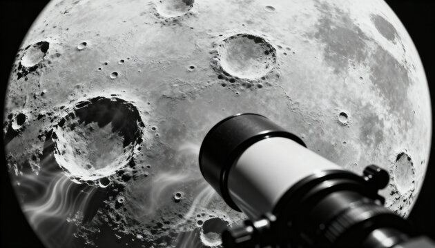 Displaying large lunar disc revealing cratered terrain at night, with refractor tube and focuser