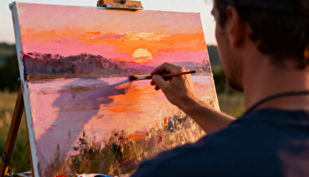Painting male artist adding strokes on canvas lakeside sunset, wearing navy tee backwards cap brush