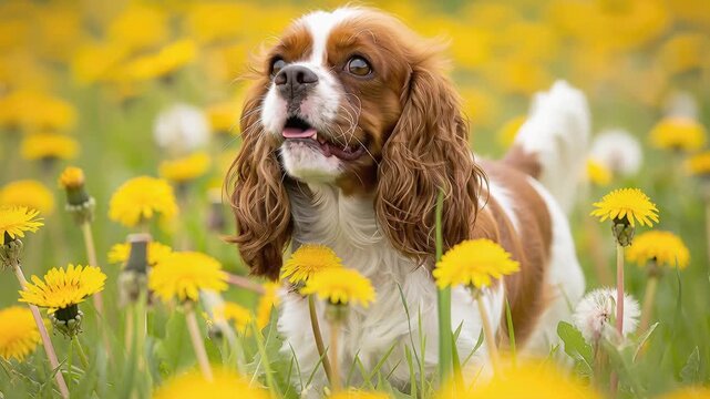 Cavalier king charles spaniel dog running in field with yellow dandelion flowers. Pet playing outdoors in spring meadow. Nature activity and animal lifestyle.
