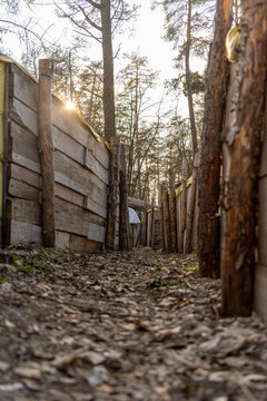 View of a narrow trench cuts through the earth, sunlight filtering through the trees above in Kyiv, Kyiv City, Ukraine.