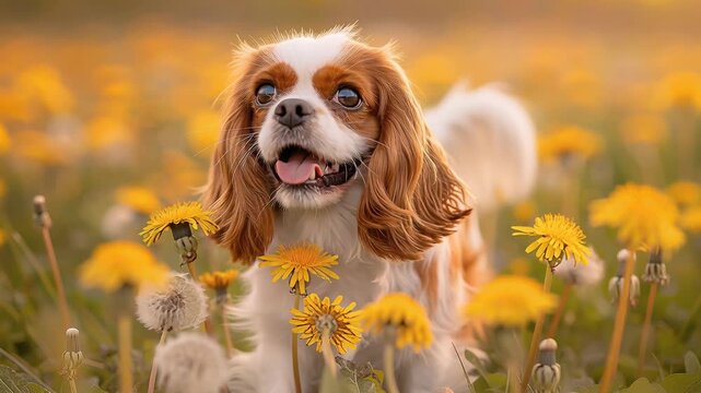 Cavalier king charles spaniel dog sitting in a lush yellow wildflower meadow. Happy spaniel playing in a field of blooming dandelions during the spring season.