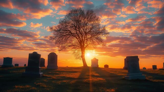 Cemetery landscape during golden sunset showing gravestones and a solitary tree. Memorial park scenery with dramatic orange sky over graves at dusk time emotion.