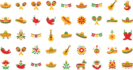 Obraz premium Vibrant Mexican Fiesta Elements Icons Collection Sombreros Maracas