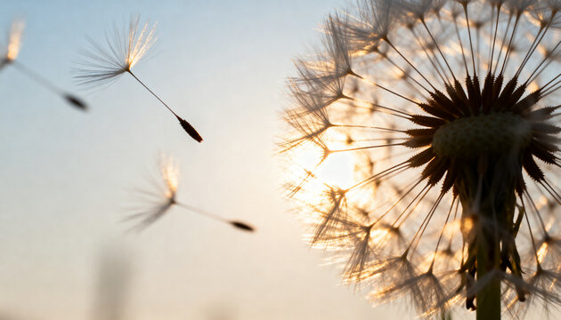 Glowing dandelion seedhead catching backlight at low sun in meadow with drifting seeds, copy space