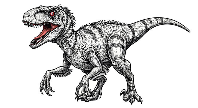 Dinosaur illustration, velociraptor hunting, prehistoric predator, sharp claws, open mouth