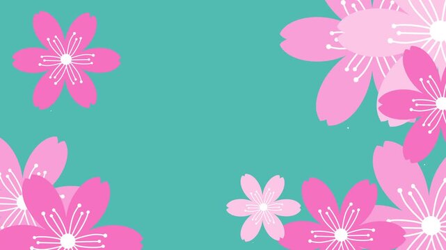 Minimal floral background featuring pink blossoms on a teal backdrop with clean flat design style. Soft shapes and simple composition create a modern spring aesthetic