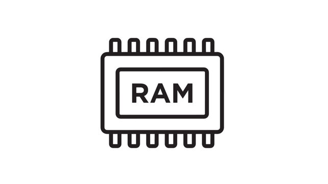 RAM chip icon with bold black letters on a white background representing random access memory for computers and electronic devices.
