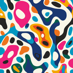 Obraz premium Colorful abstract seamless pattern with vibrant shapes in various hues, including pink, blue, and orange. Abstract seamless pattern captures dynamic design elements,
