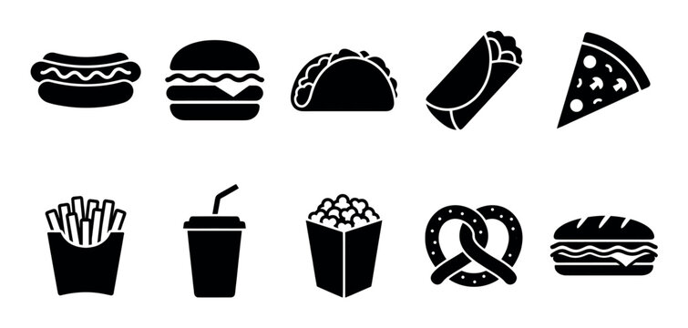 A collection of clean, black and white vector icons representing various fast food items and snacks, perfect for digital or print use.