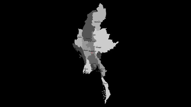 Vector map of Myanmar with names of cities and with borders city