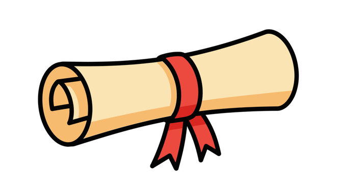 Rolled Diploma Scroll with Red Ribbon Illustration, Parchment Paper for Graduation or Certificate Concept, Isolated Vector Graphic