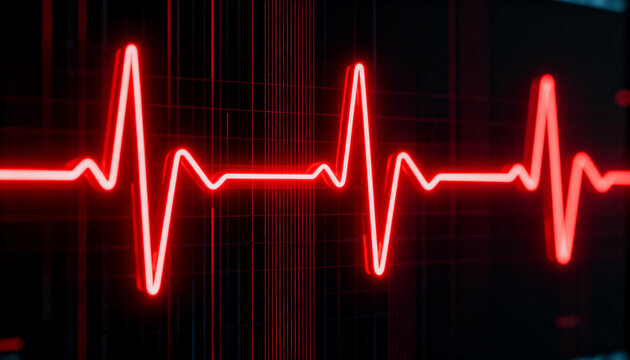 Pulsing bright red ECG waveform tracing across medical monitor, showing gridlines and artifacts