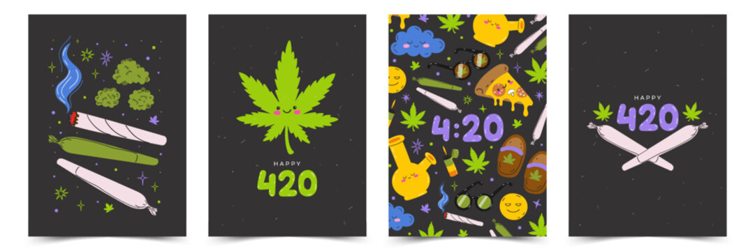 Happy 420 Cannabis Poster Set with Marijuana Leaves, Joints, Pizza, Cookies and Bong. Kawaii Hand Drawn Vector Illustrations for Weed Culture