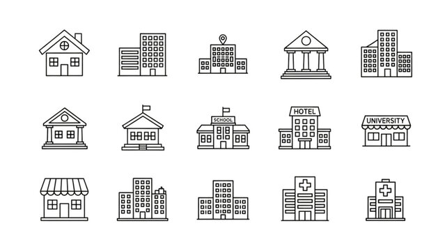 Vector icon sheet of various buildings and structures